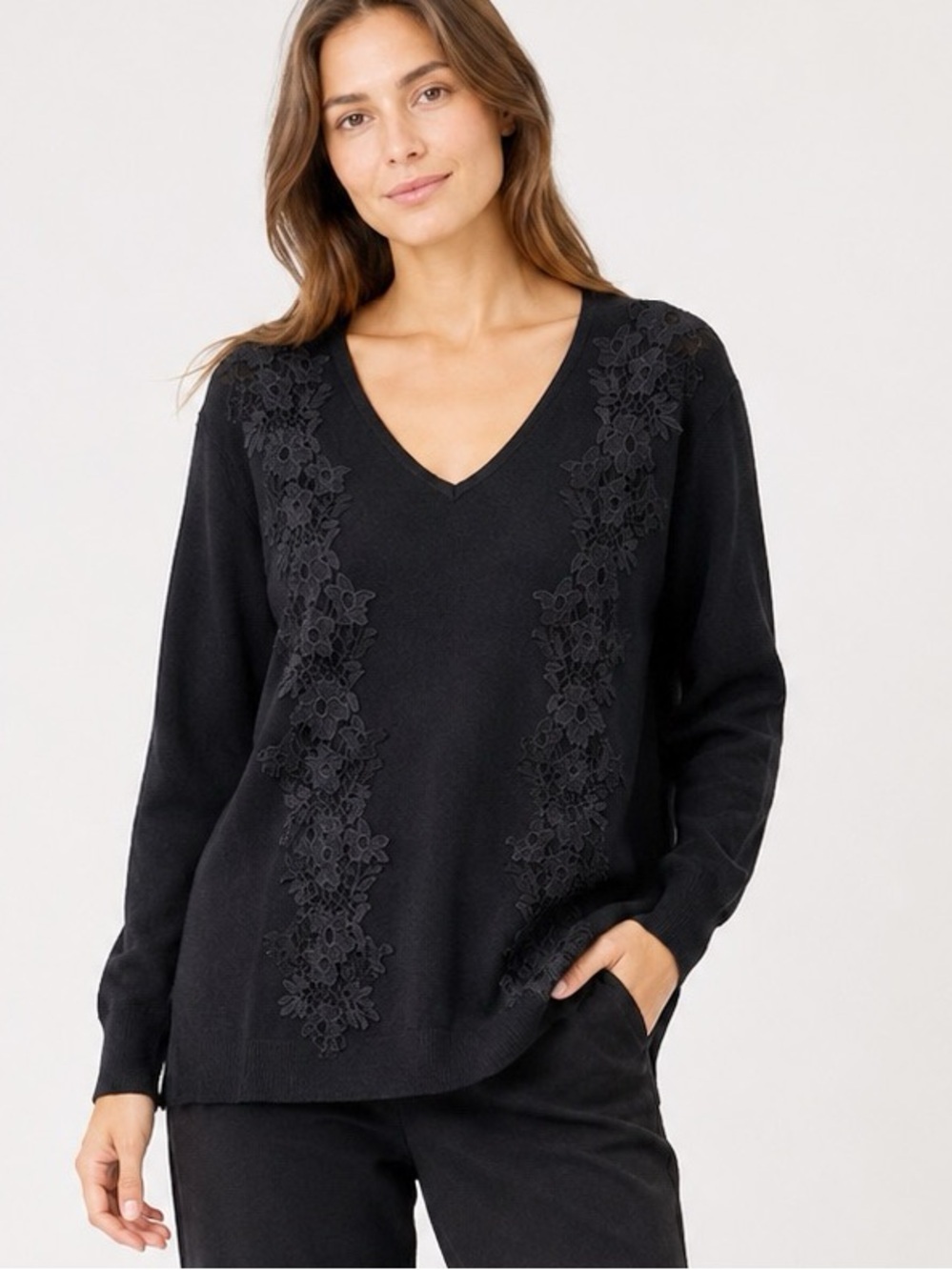 Lane Bryant Women’s Sweater 14/16 Knit Black Crochet Lace  Knit
